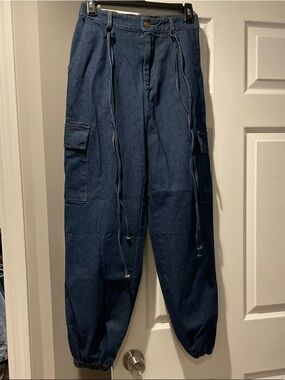 Dark Blue Denim Cargo Jogger Pants - Casual Comfort.